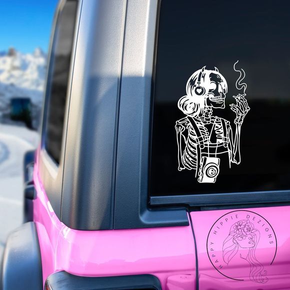 Smoking Skeleton Girl Vinyl Decal - Picture 1 of 3